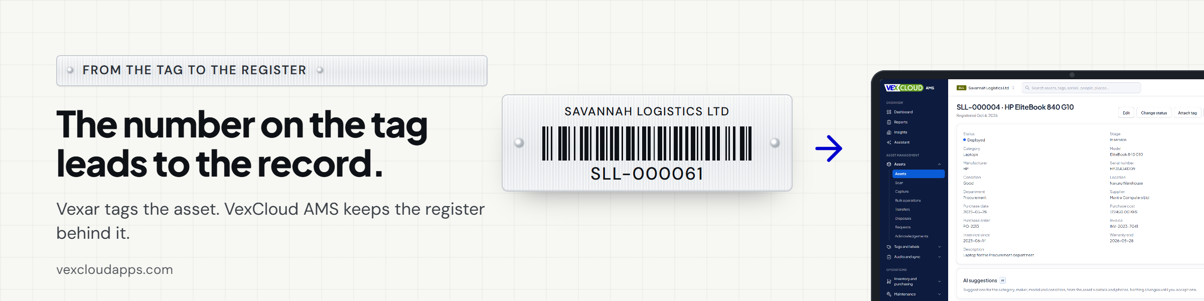 VexCloud AMS barcode and QR asset tagging Aluminium barcode and QR asset tags from Vexar Solutions matched to asset records in VexCloud AMS