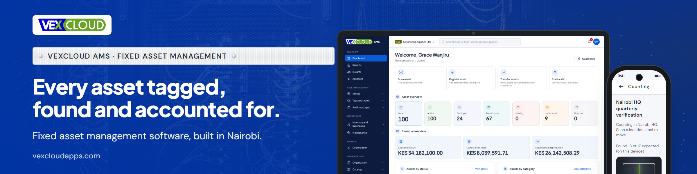 VexCloud AMS fixed asset register VexCloud AMS fixed asset register screen showing asset numbers, locations, custodians and values for a Kenyan organisation
